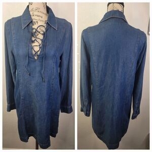 7 For All Mankind Chambray Mini Dress Women’s S Long Sleeve Western Dark Wash